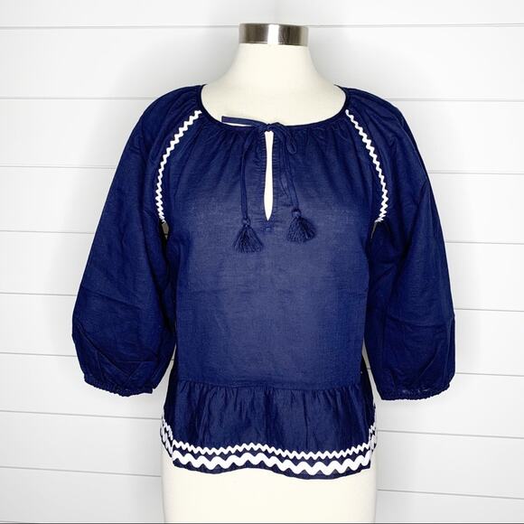 J. Crew Tops - J.Crew Linen Ruffle Rickrack Trim Peasant Top Navy White XS